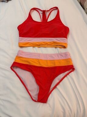 Colorblock Red Bikini Set with Pink and Orange Bands
